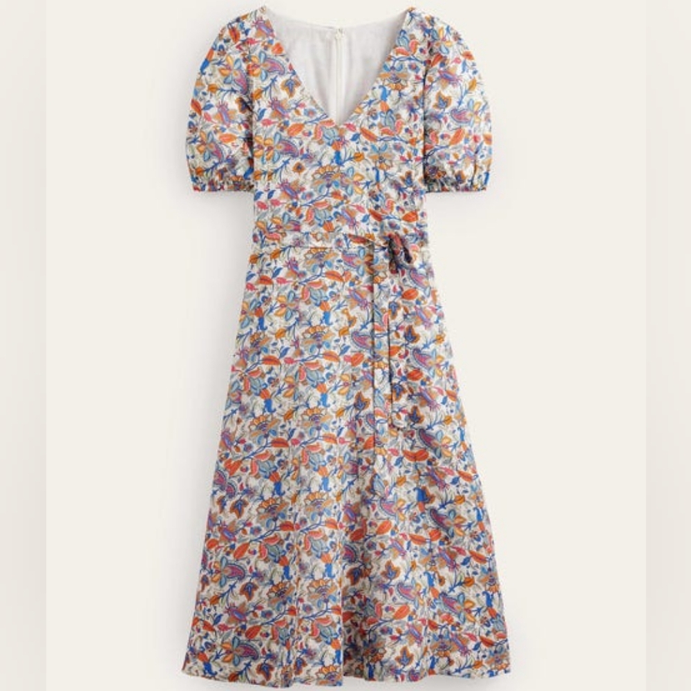 Boden Linen Blend Midi Dress Puff Sleeve A-Line Floral Boho Print V-Neck Size 14 - Picture 2 of 16